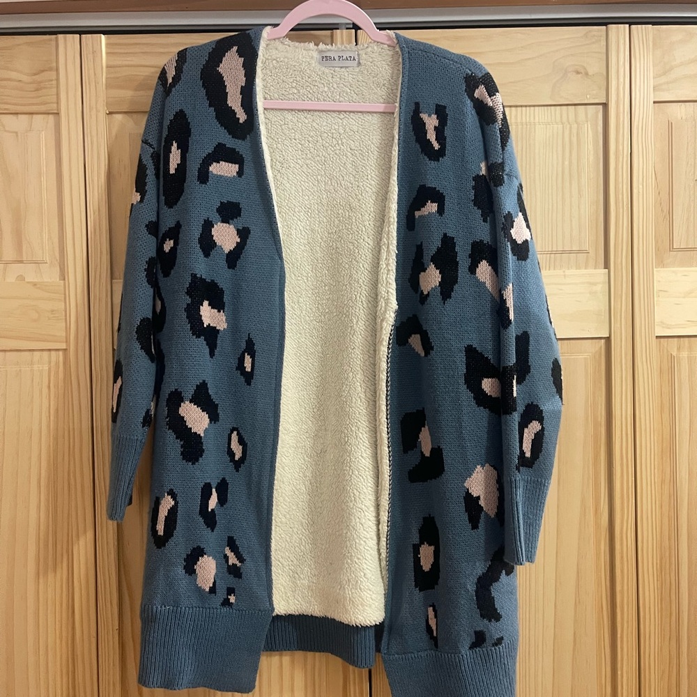 Blue Leopard Print Open Cardigan